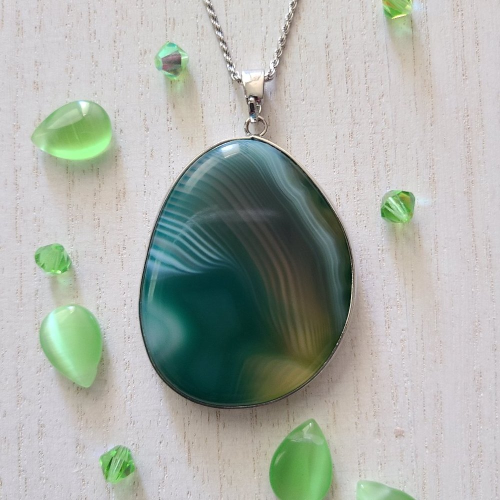 Green Agate Rock Pendant on a Silver Chain